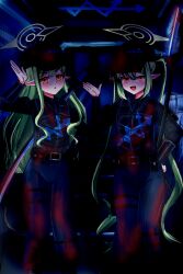 2girls :d absurdres arm_up baseball_cap black_hat black_shirt blue_archive blue_necktie blue_pants blush collared_shirt demon_tail glowing glowing_eyes green_hair hair_between_eyes halo hat highres hikari_(blue_archive) inktober katana library_of_ruina limbus_company long_hair long_sleeves looking_at_viewer multiple_girls necktie nozomi_(blue_archive) open_mouth pants pointy_ears project_moon puffy_pants red_eyes rylaera sheath sheathed shirt short_eyebrows smile sword tail thick_eyebrows train_interior twintails v-shaped_eyebrows very_long_hair weapon weapon_on_back