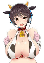 Rule 34 | 10s, 1girl, :d, animal costume, animal ears, animal print, bell, belt collar, blush, breasts, brown eyes, brown hair, cleavage, collar, collarbone, cow costume, cow ears, cow print, cowbell, elbow gloves, fake horns, frilled skirt, frills, gloves, headset, horned headwear, horns, idolmaster, idolmaster cinderella girls, large breasts, looking at viewer, mitsukazu (nijigen complex), neck bell, oikawa shizuku, open mouth, shiny skin, short hair, signature, simple background, skirt, smile, solo, sparkle, upper body, very short hair, white background