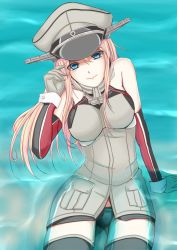 Rule 34 | 10s, 1girl, bad id, bad pixiv id, bare shoulders, bismarck (kancolle), black panties, black thighhighs, blue eyes, breasts, dd139, elbow gloves, from above, gloves, hat, kantai collection, large breasts, long hair, looking at viewer, looking up, military, military uniform, panties, partially submerged, peaked cap, sitting, smile, solo, thighhighs, underwear, uniform, waado (shissouheki), water, zettai ryouiki