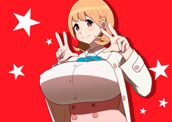 Rule 34 | 10s, 1girl, blonde hair, breasts, collared shirt, double v, covered erect nipples, hair ornament, hairclip, huge breasts, long sleeves, looking at viewer, narusawa ryouka, occultic;nine, puffy nipples, red background, shirt, short hair, simple background, solo, standing, star (symbol), tetrodotoxin, upper body, v, yellow eyes