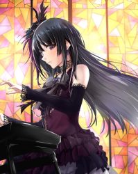 Rule 34 | 1girl, bang dream!, black hair, black sleeves, bow, bowtie, detached sleeves, dress, earrings, feather hair ornament, feathers, floating hair, grey bow, grey bowtie, hair between eyes, hair ornament, highres, instrument, jewelry, layered dress, long hair, long sleeves, music, ochi r, open mouth, playing instrument, playing piano, purple dress, purple eyes, roselia (bang dream!), shirokane rinko, sleeveless, sleeveless dress, solo, stained glass, straight hair, striped bow, striped bowtie, striped clothes, striped neckwear, very long hair