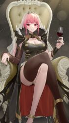 Rule 34 | 1girl, absurdres, alcohol, black cape, black dress, black nails, black tiara, bow choker, breasts, cape, cleavage, crossed legs, cup, detached sleeves, dress, drinking glass, highres, holding, hololive, hololive english, large breasts, long hair, looking at viewer, mori calliope, mori calliope (1st costume), multicolored hair, nail polish, pink eyes, pink hair, red eyes, shinigami, shoulder spikes, single detached sleeve, single thighhigh, smile, solo, somebody (leiking00), spiked cape, spikes, thighhighs, thighs, throne, tiara, veil, virtual youtuber, wine, wine glass