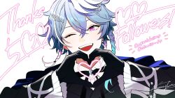 Rule 34 | 1boy, aqua hair, bishounen, black gloves, black ribbon, blue hair, braid, collared shirt, commentary, english text, frilled sleeves, frills, gloves, gradient hair, hair between eyes, happy, heart, heart hands, heart in heart hands, highres, holostars, holostars english, kazari tayu, looking at viewer, male focus, multicolored hair, multiple braids, octavio, one eye closed, open mouth, pink eyes, ribbon, shirt, short hair, signature, smile, solo, symbol-only commentary, thank you, tri braids, upper body, virtual youtuber, white background
