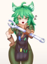 Rule 34 | 1girl, anger vein, animal ears, apron, brown gloves, commentary, commission, cowboy shot, fang, gloves, green hair, gremlin (monster girl encyclopedia), hand on own hip, highres, holding, holding wrench, long hair, looking away, mixed-language commentary, nav (itsnav), open mouth, orange eyes, original, pointing, pointing at viewer, simple background, solo, white background, wide hips, wrench