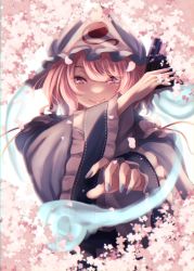 Rule 34 | 1girl, absurdres, cherry blossoms, closed mouth, eyes visible through hair, flower, frills, hand fan, hat, highres, hitodama, holding, holding fan, japanese clothes, kimono, looking at viewer, medium hair, mob cap, pink eyes, pink flower, pink hair, saigyouji yuyuko, shiranui (wasuresateraito), smile, solo, swept bangs, touhou, triangular headpiece, wide sleeves