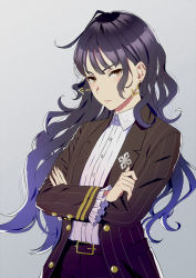 Rule 34 | 1girl, ahoge, bad id, bad pixiv id, belt, belt buckle, black hair, black suit, brown eyes, buckle, buttons, circulatormai, commentary, crossed arms, dangle earrings, earrings, emblem, fingernails, flat chest, formal, frilled sleeves, frills, grey background, highres, jewelry, kashimoto riko, lips, long hair, looking at viewer, messy hair, pants, pinstripe pattern, pinstripe shirt, pinstripe suit, shirt, sidelocks, simple background, solo, striped, suit, tsurime, umamusume, very long hair, wavy hair, white shirt