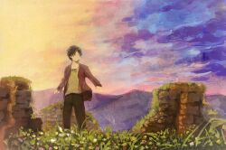 Rule 34 | 1boy, a chilf of evil (shingeki no kyojin), brown eyes, brown hair, child, eren yeager, faceless, faceless male, field, flower, flower field, gradient sky, highres, kf2impossible, looking to the side, male focus, mountainous horizon, outstretched arms, painterly, pants, ruins, scenery, shingeki no kyojin, short hair, sky, sky focus, solo, spread arms, standing, wind