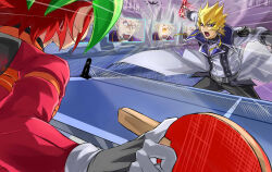 Rule 34 | ball, biker clothes, blonde hair, bodysuit, coat, commentary request, earrings, feimao (angelcat), grey hair, highres, holographic monitor, jack atlas, jean-michel roger, jewelry, multicolored hair, paddle, red bodysuit, red hair, sakaki yuya, spiked hair, spikes, table tennis, table tennis ball, table tennis net, table tennis paddle, white coat, white hair, yu-gi-oh!, yu-gi-oh! arc-v