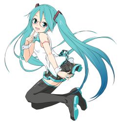 Rule 34 | 1girl, aqua bow, aqua bowtie, aqua eyes, aqua hair, bare shoulders, belt, black skirt, black thighhighs, blue hair, blush, bow, bowtie, breasts, commentary, finger to own chin, floating, from side, full body, glasses, gradient hair, hair ornament, hand on own ass, hatsune miku, head tilt, holding, holding clothes, holding skirt, index finger raised, knees up, light blush, long hair, looking at viewer, looking to the side, multicolored hair, open mouth, pinky out, red-framed eyewear, semi-rimless eyewear, shirt, shoulder tattoo, simple background, skirt, sleeveless, sleeveless shirt, small breasts, smile, solo, soukun s, tattoo, thighhighs, twintails, very long hair, vocaloid, lat model (mikumikudance), white background, white shirt, wrist cuffs