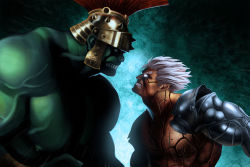 Rule 34 | 2boys, angry, asura, asura&#039;s wrath, asura (asura&#039;s wrath), capcom, crossover, cyber connect 2, epic, faceoff, height difference, hulk, marvel, multiple boys
