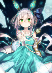 Rule 34 | 1girl, aged down, alt (ctrldel), aqua dress, aqua hairband, atelier (series), atelier sophie, atelier sophie 2, blue bow, blush, bow, dress, elbow gloves, fingerless gloves, gloves, green eyes, grey hair, hair between eyes, hair bow, hairband, highres, long hair, looking at viewer, parted lips, plachta, reaching, reaching towards viewer, shards, sleeveless, sleeveless dress, solo, sophie neuenmuller