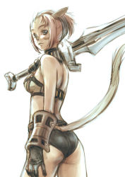 Rule 34 | 00s, 1girl, animal ears, ass, bad id, bad pixiv id, bra, branch (blackrabbits), cat ears, cat tail, final fantasy, final fantasy xi, huge weapon, lingerie, looking back, mithra (ff11), panties, pink hair, solo, sword, tail, underwear, underwear only, weapon