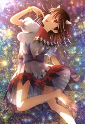 Rule 34 | 1girl, arrow (symbol), bad id, bad pixiv id, bangle, black hair, bracelet, dress, forgotten artist, horns, jewelry, kijin seija, looking at viewer, looking back, multicolored hair, red eyes, red hair, short hair, short sleeves, sky, smile, solo, space, star (sky), star (symbol), starry background, starry sky, streaked hair, tongue, tongue out, touhou, white hair