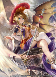 Rule 34 | 1girl, angel wings, anklet, asymmetrical wings, barefoot, blonde hair, blue eyes, breasts, cleavage, copyright name, crossed legs, demon wings, eyelashes, feathered wings, helmet, jewelry, last chronicle, mismatched wings, monster girl, navel, official art, pisuke, pointy ears, single thighhigh, sitting, solo, staff, tail, thighhighs, toeless legwear, white thighhighs, wings