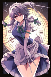 Rule 34 | 1girl, analog clock, apron, between fingers, braid, clock, dress, elbow gloves, embodiment of scarlet devil, gloves, green ribbon, grey hair, hair ribbon, happy ginko, highres, holding, holding knife, holding weapon, izayoi sakuya, knife, knives between fingers, legs, maid, maid apron, maid headdress, neck ribbon, red eyes, ribbon, short hair, smile, solo, touhou, twin braids, waist apron, weapon, white gloves
