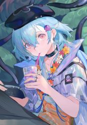Rule 34 | 1boy, absurdres, arknights, beret, bingansuan jiamouren, black choker, black hat, blue flower, blue hair, choker, closed mouth, commentary request, cup, drink, drinking straw, flower, hair between eyes, handheld game console, hat, highres, holding, holding cup, iei, jacket, looking at viewer, male focus, mizuki (arknights), mizuki (summer feast) (arknights), open clothes, open jacket, red eyes, red flower, shirt, short sleeves, smile, solo, tentacles, upper body, white flower, white jacket, white shirt, yellow flower