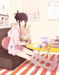 Rule 34 | 1girl, 50yen, black eyes, black hair, blunt bangs, blush, book, book stack, bow, brown eyes, brown hair, cable, cellphone, cellphone charm, charm (object), couch, cup, curtains, digital media player, earbuds, earphones, flip phone, food, frills, from side, haagen-dazs, highres, holding, holding spoon, hood, hood down, hoodie, ice cream, indoors, legs, looking at viewer, looking to the side, md5 mismatch, mug, phone, rubik&#039;s cube, rug, sidelocks, sitting, slippers, smile, solo, spoon, striped, table, tissue box, transparent, tub
