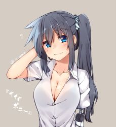 Rule 34 | 1girl, adyisu, alternate hairstyle, area aquamarine, black hair, blue eyes, blush, breasts, brown background, cleavage, closed mouth, embarrassed, eyebrows, grey hair, long hair, looking at viewer, mechanical arms, original, side ponytail, simple background, single mechanical arm, solo, twitter username, upper body, wavy mouth