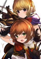 Rule 34 | 2girls, alternate hair length, alternate hairstyle, arm behind head, arm up, bad hands, belt, blonde hair, brown hair, cagliostro (granblue fantasy), cape, clarisse (granblue fantasy), commentary request, cutting hair, flying sweatdrops, gloves, granblue fantasy, green eyes, hairband, highres, maou (maoudaisukiya), multiple girls, open mouth, orange hair, purple eyes, red ribbon, ribbed sweater, ribbon, scissors, short hair, simple background, sweater, tiara, upper body