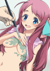Rule 34 | 1girl, 1other, :d, blue eyes, bodypaint, breasts, clothes lift, colored skin, fingernails, green skin, hair ribbon, highres, holding, holding paintbrush, lifted by self, long hair, medium breasts, minamoto sakura, muramasa mikado, navel, open mouth, paintbrush, pink hair, pink lips, pink shirt, polka dot, polka dot ribbon, ribbon, shirt, shirt lift, short sleeves, sleeves rolled up, smile, solo focus, teeth, underboob, upper teeth only, zombie, zombie land saga