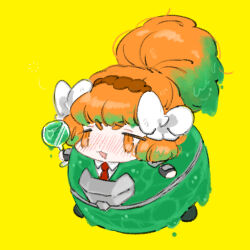 Rule 34 | 1girl, absinthe, armor, bow, brown hairband, chibi, cup, green hair, hair bow, hairband, high ponytail, holding, holding cup, ishmael (project moon), limbus company, long hair, necktie, orange eyes, orange hair, plate armor, project moon, red necktie, rope, sidelocks, simple background, slime (substance), solo, uchimura (rino0525), very long hair, white bow, yellow background