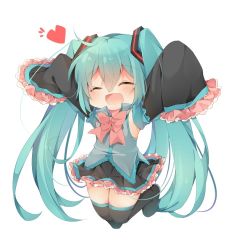 Rule 34 | 1girl, aqua hair, arms up, boots, bow, bowtie, detached sleeves, closed eyes, full body, hatsune miku, jumping, kazato fuuchi, kazeshiro kazeto, long hair, making-of available, open mouth, skirt, sleeves past wrists, solo, thigh boots, thighhighs, twintails, very long hair, vocaloid, white background
