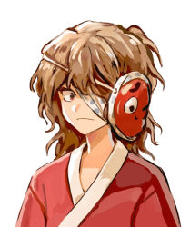Rule 34 | 1other, ametsukana yago, androgynous, bandage over one eye, brilliant pagoda or haze castle, brown hair, closed mouth, commentary request, frown, hemo (hemoroda), japanese clothes, kimono, len&#039;en, long hair, mask, mask on head, portrait, red eyes, red kimono, simple background, solo, white background