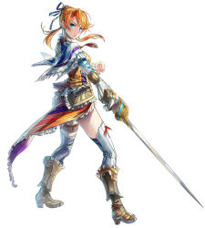 Rule 34 | 1girl, blonde hair, blue eyes, blue ribbon, boots, brown footwear, capelet, falcom, floating hair, frills, full body, hair ribbon, holding, holding sword, holding weapon, laxia (ys), long hair, looking at viewer, official art, parted lips, rapier, ribbon, simple background, solo, stance, standing, sword, thigh strap, twintails, weapon, white background, ys, ys viii lacrimosa of dana