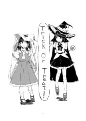 Rule 34 | 2girls, ark tr, cape, english text, ghost costume, greyscale, hair tubes, hakurei reimu, hat, height difference, highres, looking at another, monochrome, multiple girls, open mouth, page number, shameimaru aya, smile, sweat, touhou, trick or treat, wand, witch hat