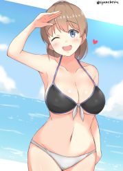 Rule 34 | 1girl, alternate costume, arm up, armpits, bikini, black bikini, blue eyes, blue sky, blush, breasts, brown hair, chaa (korone-ze), cleavage, cloud, collarbone, commentary request, cowboy shot, day, front-tie top, groin, hair between eyes, heart, highres, horizon, intrepid (kancolle), kantai collection, large breasts, looking at viewer, navel, ocean, open mouth, outdoors, ponytail, short hair, sky, smile, solo, standing, swimsuit, water, white bikini