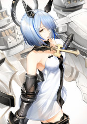 Rule 34 | 1girl, armpit crease, azur lane, blue hair, boots, breasts, choker, closed mouth, commentary request, cross, cross choker, dress, from side, gascogne (azur lane), gauntlets, looking at viewer, medium breasts, rigging, rusi, see-through, simple background, solo, strapless, strapless dress, thigh boots, thighhighs, white background, white dress, yellow eyes
