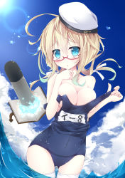 Rule 34 | 10s, 1girl, blonde hair, book, breasts, chestnut mouth, clothes pull, futase hijiri, glasses, gradient background, hat, highres, i-8 (kancolle), kantai collection, large breasts, lens flare, long hair, name tag, old school swimsuit, one-piece swimsuit, one-piece swimsuit pull, pulled by self, school swimsuit, solo, swimsuit, thighhighs, torpedo, twintails, undressing, wading
