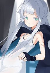 Rule 34 | 1girl, animal ears, arknights, bare shoulders, black gloves, cape, dress, expressionless, eyelashes, fingerless gloves, gloves, green eyes, highres, long hair, looking at viewer, parted lips, rosmontis (arknights), signal 1120, sleeveless, sleeveless dress, solo, white dress, white hair