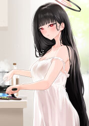 Rule 34 | 1girl, absurdres, black hair, blue archive, blue fire, blush, breasts, cleavage, collarbone, commentary, cooking, fire, frying pan, highres, indoors, large breasts, lingerie, long hair, looking at viewer, looking to the side, negligee, nonbire, red eyes, rio (blue archive), see-through silhouette, solo, steam, stove, strap slip, sweat, underwear, very long hair, white negligee