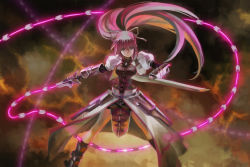Rule 34 | 1girl, armor, armored boots, blue eyes, boots, breasts, closed mouth, cropped jacket, faulds, fingerless gloves, gauntlets, gloves, glowing, hair ribbon, highres, holding, holding sheath, holding weapon, laevatein (nanoha), legs apart, long sleeves, lyrical nanoha, mahou shoujo lyrical nanoha, mahou shoujo lyrical nanoha a&#039;s, md5 mismatch, medium breasts, outstretched arm, pelvic curtain, pink hair, ponytail, puffy short sleeves, puffy sleeves, resized, resolution mismatch, ribbon, sheath, short sleeves, signum, source smaller, standing, upscaled, visqi, waist cape, weapon, whip sword, wide stance