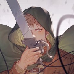 Rule 34 | 1boy, anderain, blurry, blurry foreground, brown hair, capelet, green capelet, harness, holding, holding sword, holding weapon, hood, hood up, jacket, jean kirstein, leather, leather jacket, light brown hair, looking at viewer, male focus, one eye covered, portrait, shingeki no kyojin, solo, sword, three-dimensional maneuver gear, upper body, veins, weapon, wire