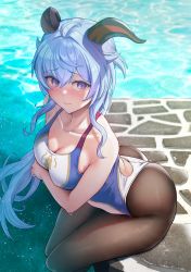 Rule 34 | 1girl, bare shoulders, blue hair, blue one-piece swimsuit, blush, breasts, brown pantyhose, collarbone, competition swimsuit, ganyu (genshin impact), genshin impact, goat horns, highleg, highleg swimsuit, highres, horns, large breasts, long hair, looking at viewer, one-piece swimsuit, pantyhose, pantyhose under swimsuit, purple eyes, solar (happymonk), solo, swimsuit, thighs