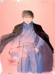 Rule 34 | 1boy, aiguillette, amestris military uniform, arakawa hiromu, arm at side, beige background, black coat, black eyes, black hair, blue jacket, blue pants, closed mouth, coat, coat on shoulders, collared jacket, cropped legs, electricity, fullmetal alchemist, gloves, hand in pocket, highres, jacket, looking at viewer, male focus, military, military uniform, open clothes, open coat, pants, roy mustang, shaded face, simple background, smile, snapping fingers, solo, spiked hair, tsurime, uniform, v-shaped eyebrows, white gloves