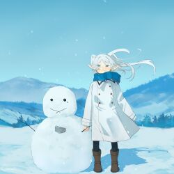 Rule 34 | 1girl, black pantyhose, blue eyes, blue scarf, blue sky, blush, boots, brown footwear, chamwa, closed mouth, coat, commentary, elf, english commentary, floating hair, forest, frieren, full body, highres, long hair, long sleeves, mountain, nature, outdoors, pantyhose, pointy ears, scarf, shadow, sky, smile, snow, snowing, snowman, solo, sousou no frieren, twintails, white coat, white hair