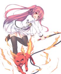 Rule 34 | 10s, 1girl, black thighhighs, blouse, blush, brown footwear, cat, fang, fiery tail, fire, frilled skirt, frills, google (asdek18), hair ribbon, highres, holding, holding weapon, juliet sleeves, leg lift, loafers, long hair, long sleeves, looking at viewer, open mouth, panties, pantyshot, pleated skirt, puffy sleeves, red eyes, red hair, ribbon, scarlet (seirei tsukai no blade dance), school uniform, seirei tsukai no blade dance, shirt, shoes, simple background, skirt, solo, standing, tail, thighhighs, two side up, underwear, very long hair, weapon, whip, white background, white panties, white shirt, white skirt