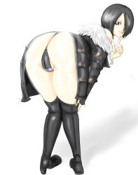 Rule 34 | 1girl, absurdres, artist request, ass, bare shoulders, bent over, black footwear, black hair, black jacket, boots, brown eyes, cameltoe, from behind, fur, fur trim, hair over one eye, high heel boots, high heels, highres, huge ass, jacket, lips, looking at viewer, looking back, original, partially visible vulva, pigeon-toed, shiny clothes, shiny skin, shoes, short hair, simple background, smile, solo, thigh boots, thighhighs, thighs, white background