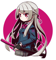 Rule 34 | 1girl, 7th dragon (series), 7th dragon iii, blazer, blue jacket, blush, bow, braid, breasts, character request, closed mouth, collared shirt, commentary request, grey hair, grey skirt, hair bow, holding, holding sheath, jacket, juliet sleeves, katana, long hair, long sleeves, looking at viewer, naga u, outline, pink bow, pleated skirt, puffy sleeves, purple background, red eyes, sheath, sheathed, shirt, skirt, small breasts, solo, sword, thick eyebrows, two-tone background, very long hair, weapon, white background, white outline, white shirt
