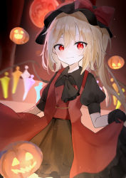 Rule 34 | 1girl, absurdres, alternate costume, ascot, black ascot, black dress, black gloves, black hat, blonde hair, blurry, bow, commentary request, crystal, depth of field, dress, fang, fang out, feet out of frame, flandre scarlet, gloves, hair between eyes, halloween, hat, hat bow, highres, jack-o&#039;-lantern, light blush, looking at viewer, mob cap, nahoshi (sevenstar744), one side up, puffy short sleeves, puffy sleeves, red bow, red dress, red eyes, short hair, short sleeves, skin fang, skirt hold, solo, touhou, wing collar, wings