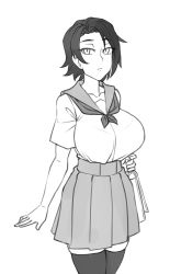 Rule 34 | 1girl, :/, bag, breasts, collarbone, commentary, cowboy shot, english commentary, eyes visible through hair, greyscale, large breasts, looking at viewer, monochrome, original, pleated skirt, saya (twrlare), school uniform, short hair, short sleeves, simple background, skirt, solo, tented shirt, thighhighs, twrlare