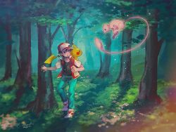 Rule 34 | 1boy, :o, backpack, badge, bag, baseball cap, black hair, blush, brown eyes, commentary request, creatures (company), day, flower, forest, game freak, gen 1 pokemon, glowing, grass, green pants, hanenbo, hat, highres, jacket, legendary pokemon, looking to the side, mew (pokemon), mythical pokemon, nature, nintendo, outdoors, pants, pikachu, pokemon, pokemon (creature), pokemon on back, pokemon rgby, red (pokemon), shoes, short sleeves, sneakers, standing, tree, white flower