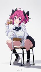 Rule 34 | 1girl, ahoge, black bow, black socks, bow, bowtie, breasts, cake, chair, eyebrows hidden by hair, fang, food, full body, highres, kneehighs, large breasts, long sleeves, looking at viewer, oomura karasu, open mouth, original, pink eyes, pink hair, plaid, plaid skirt, pleated skirt, school uniform, shirt, sitting, skin fang, skirt, socks, solo, twintails, white background, white shirt