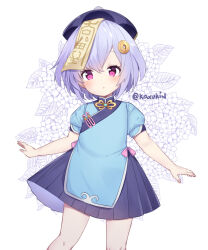 Rule 34 | 1girl, alternate costume, blue dress, blush, china dress, chinese clothes, coin hair ornament, dress, floral background, genshin impact, hair between eyes, hair ornament, hat, highres, jiangshi, kaxukin, looking at viewer, ofuda, ofuda on head, parted lips, pleated skirt, purple eyes, purple hair, purple hat, purple skirt, qingdai guanmao, qiqi (genshin impact), short hair, short sleeves, skirt, solo, twitter username, white background