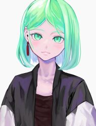 Rule 34 | 1other, alternate costume, androgynous, black jacket, breasts, colored eyelashes, commentary request, earrings, green eyes, green hair, hair behind ear, highres, houseki no kuni, jacket, jewelry, layered sleeves, long sleeves, looking at viewer, other focus, parody, parted bangs, parted lips, phosphophyllite, piyo3pr, short hair, short over long sleeves, short sleeves, simple background, solo, style parody, tassel, tassel earrings, upper body, white background