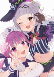 Rule 34 | 2girls, :d, ;d, absurdres, blue nails, blush, breasts, claw pose, cleavage, commentary, fang, fingernails, hat, highres, hololive, large breasts, looking at viewer, maid, maid headdress, minato aqua, minato aqua (1st costume), multiple girls, murasaki shion, murasaki shion (1st costume), nail polish, one eye closed, open mouth, purple hair, silver hair, skin fang, smile, toki (1243309499), v, v-shaped eyebrows, virtual youtuber, witch, witch hat