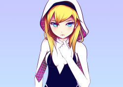Rule 34 | 1girl, adjusting clothes, animification, blonde hair, blue background, blue eyes, blush, bodysuit, breasts, frown, gloves, gradient background, gwen stacy, hairband, highres, hood, hooded bodysuit, long hair, looking at viewer, marvel, simple background, solo, spider-gwen, spider-man (series), spider web print, superhero costume, turtleneck, upper body